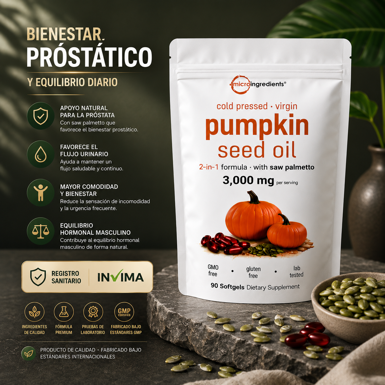 PUMPKING OIL 🎃 Aceite Puro de Semilla de Calabaza - Apoya tu Salud Prostática y fortalece tu cabello desde hoy