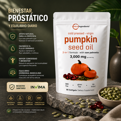 PUMPKING OIL 🎃 Aceite Puro de Semilla de Calabaza - Apoya tu Salud Prostática y fortalece tu cabello desde hoy