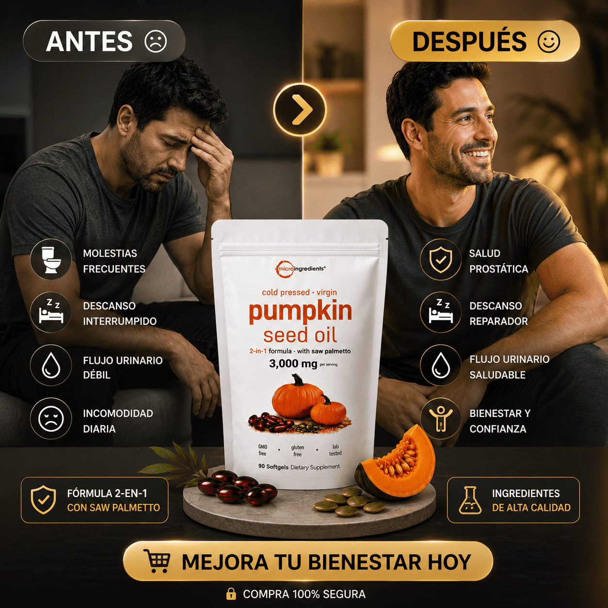 PUMPKING OIL 🎃 Aceite Puro de Semilla de Calabaza - Apoya tu Salud Prostática y fortalece tu cabello desde hoy